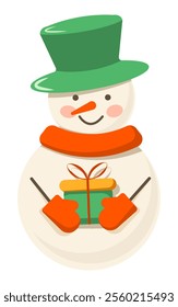 Christmas snowman with red scarf in green hat and mittens holds gift. Vector illustration.