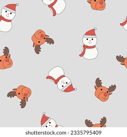 A Christmas snowman and reindeer seamless pattern on a background in a hand-drawn minimal xmas concept, Vector