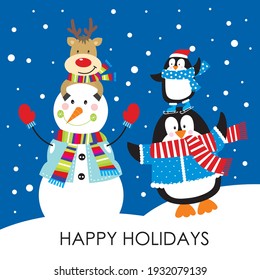 Christmas snowman, reinder and penguin for christmas greeting card