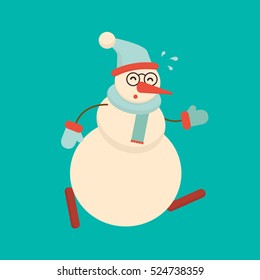 Christmas snowman running hard and getting tired. Cute cartoon cheerful and smiling snow man character in a hurry. Xmas holiday flat style vector illustration
