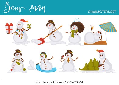 Christmas snowman Santa cartoon character icons for New Year greeting card design template. Vector isolated snowman on winter or summer holiday vacations, knitting sock and skiing on snowboard