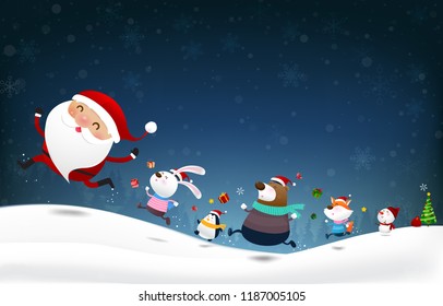 Christmas Snowman Santa claus and animal cartoon smile and jumping with happiness over falling snow in the winter night backgroud vector illustration 