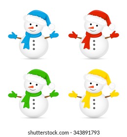 Christmas snowman in Santa hat and red scarf isolated on white background, illustration.