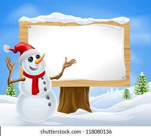 Christmas snowman with Santa hat in snowy landscape with sign