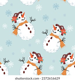Christmas snowman seamless pattern design for packaging, and holiday-themed design, flat vector illustration. Christmas seamless pattern to use for decorations, wrapping paper, and more.