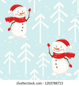 Christmas snowman seamless pattern. New year greeting. Merry Christmas background. Winter landscape vector illustration for party invitation, holiday poster design, sale banner