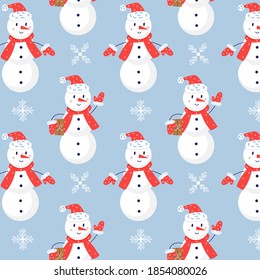 Christmas snowman seamless vector pattern. Christmas gift blue background