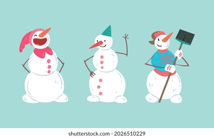 Christmas Snowman Set, Funny Xmas Characters in Different Action Poses, Happy Winter Holidays Design Cartoon Vector Illustration