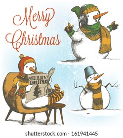  Christmas Snowman Set, Hand Drawn Illustration - Layered File
