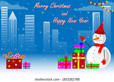 Christmas snowman with several gifts, presents and sweets, holiday flags, snowflakes and the inscription Merry Christmas and Happy New Year. On the background of the city, skyscrapers and cityscape