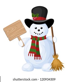 Christmas snowman with sign. Vector illustration.
