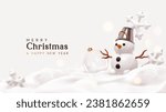Christmas snowman with silver bucket on his head. Snowman in snow with white snowflakes. Realistic 3d cartoon style. Winter Christmas background. Vector illustration