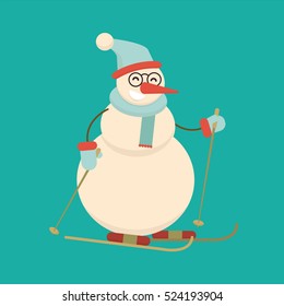 Christmas snowman skiing with sticks. Cute cartoon cheerful and smiling character standing on ski. Xmas Flat style vector illustration