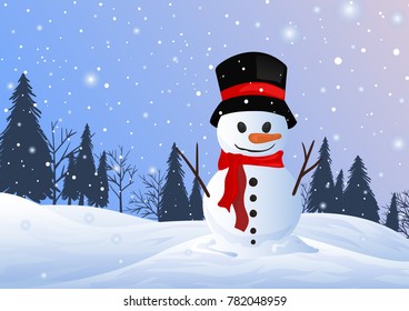Christmas snowman in snow season with snowfall background