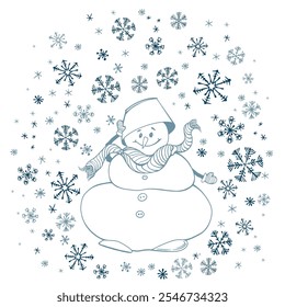 Christmas snowman and snowflake background. Doodle vector illustration.