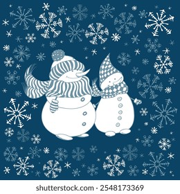 Christmas snowman and snowflake background. Doodle vector illustration.