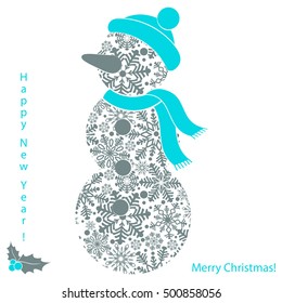 Christmas snowman of snowflakes isolated on white background, new year card. Vector illustration