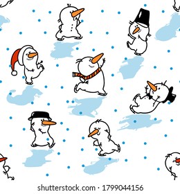 Christmas snowman and snowflakes. White cute snowmen skating on blue ice.    Seamless pattern. Design for Christmas packaging, greeting card, banner  