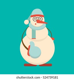 Christmas snowman standing with his thumb up. Cute cartoon cheerful and smiling snow man character. Approve, like, positive emotion, support concept. Xmas holiday flat style vector illustration