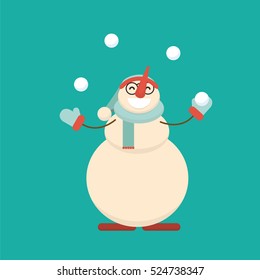 Christmas snowman standing and juggling snowballs. Cute cartoon cheerful and smiling snow man juggler character. Xmas holiday flat style vector illustration