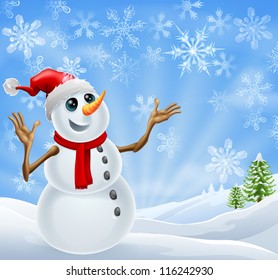 Christmas Snowman standing in a winter landscape with snowflakes and Christmas trees