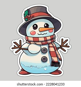 Christmas snowman sticker, xmas snowman in hat stickers cute. Winter holidays