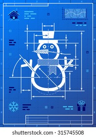 Christmas snowman symbol as blueprint drawing. Drafting of winter snowperson on blueprint paper. Vector image