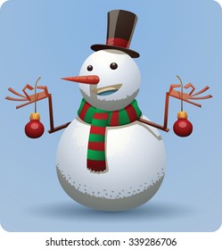 Christmas snowman in tall hat and scarf with red and green stripes holding two red christmas tree balls, vector