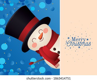 christmas snowman with top hat icon and merry christmas lettering vector illustration design