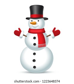 Christmas snowman with top hat, red scarf and mittens isolated on white background. Vector illustration