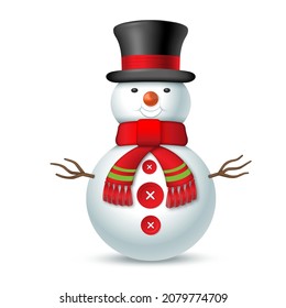 Christmas snowman with top hat and red scarf isolated on white background. Vector illustration.