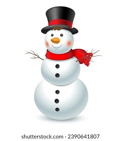 Christmas snowman with top hat and red scarf isolated on white background. Vector illustration.