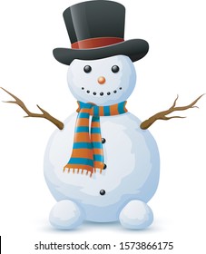 Christmas snowman with top hat and scarf on white background