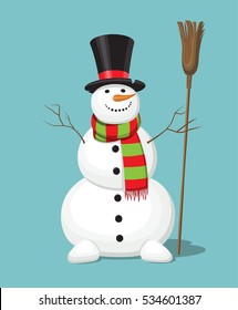 Christmas snowman with the top-hat, carrot, broom, scarf. Smiling cute cartoon character isolated on blue background. Vector illustration