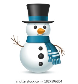 Christmas snowman with top-hat and scarf isolated on white background. Vector illustration