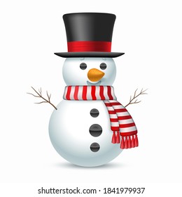 Christmas snowman with top-hat and striped scarf isolated on white background. Vector illustration.