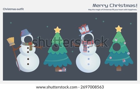 Christmas snowman and tree photo booth kit. Vector set of holiday face in hole templates for fun party. Face Swap