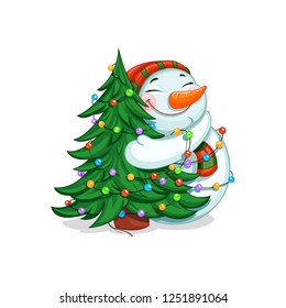 Christmas snowman. Christmas tree. Vector illustration in a cartoon style,isolated on white background. Christmas and New Year design element. Snowman flat icon. Cute cartoon character.  