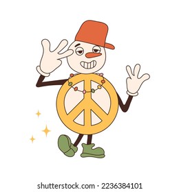 Christmas snowman in trendy retro cartoon style. Groovy hippie 70s aesthetic.	
