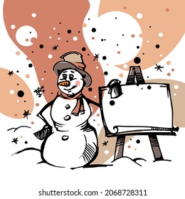Weihnachtsschneemann. Vektorgrafik für Design. Skizze mit Schneemann. Weihnachtshintergrund mit Schneemann und Schneeflocken. Vektorvorlage für Design