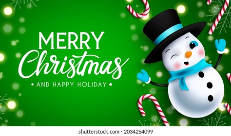 Christmas snowman vector design. Merry christmas greeting text with snow man character with friendly expression for xmas season card and decoration. Vector illustration.
