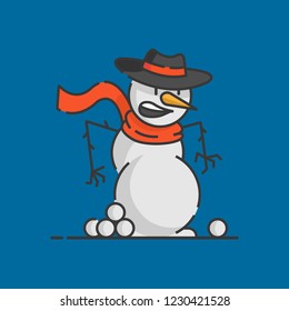 Christmas snowman. Vector illustration in a cartoon style,isolated on blue background. Christmas and New Year design element. Snowman flat icon. Cute cartoon character.  