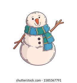 Christmas snowman. Vector illustration in a cartoon style, isolated on white background. Christmas and New Year design element. Snowman flat icon. Cute cartoon character.
