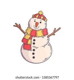 Christmas snowman. Vector illustration in a cartoon style, isolated on white background. Christmas and New Year design element. Snowman flat icon. Cute cartoon character.