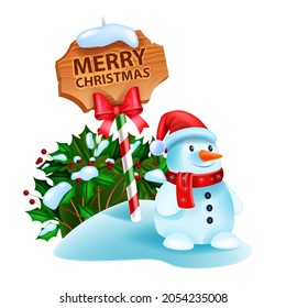Christmas snowman vector illustration, winter holiday season cartoon character, road sign, holly bush. X-mas cute funny toy, Santa Claus hat, red scarf, happy smiling snowman on white. Christmas card