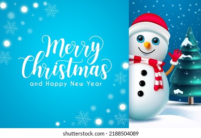 Christmas snowman vector template design. Merry christmas text in blue empty space with snow man character waving in background for xmas holiday season greeting card messages. Vector illustration.
