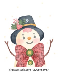 Christmas Snowman Watercolor Cartoon Character. Perfect for greeting cards and festive decorations. Bring joy and cheer to your projects with this adorable character.