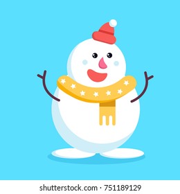 Christmas snowman waving branch hands and smiling. Cute cheerful cartoon xmas snow man in yellow scarf and red beanie hat standing and hugging.