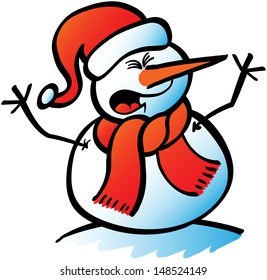 Christmas snowman wearing Santa hat, carrot nose and red scarf while trying to get attention by shouting loudly and rising his arms