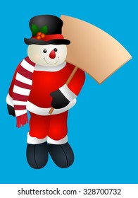 Christmas Snowman wearing a santa suite holding banner